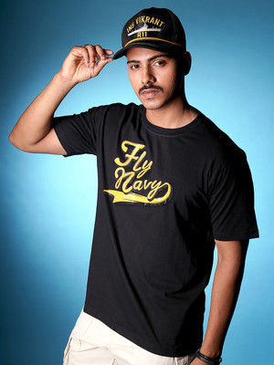 a47 Solid Couple Round Neck Black T-Shirt