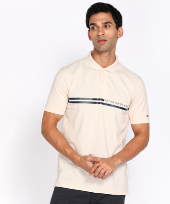 PETER ENGLAND Printed Men Polo Neck Beige T-Shirt
