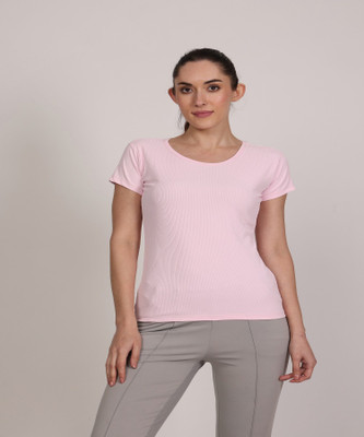 Mairoz Solid Women Crew Neck Pink T-Shirt