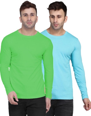 Kroptee Solid Men Round Neck Green, Light Blue T-Shirt