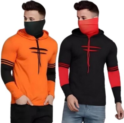 URE Enterprises Colorblock Men Hooded Neck Orange, Black T-Shirt