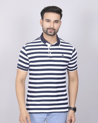 Forensic Striped Men Polo Neck Navy Blue, White T-Shirt