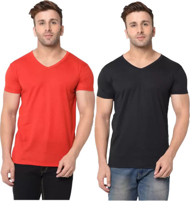RLP Solid Men V Neck Red, Black T-Shirt