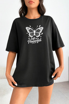 Fluffy Enterprises Printed Women Round Neck Black T-Shirt