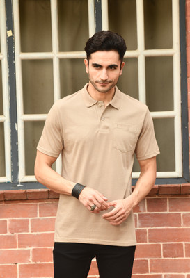 KOR Solid Men Polo Neck Beige T-Shirt