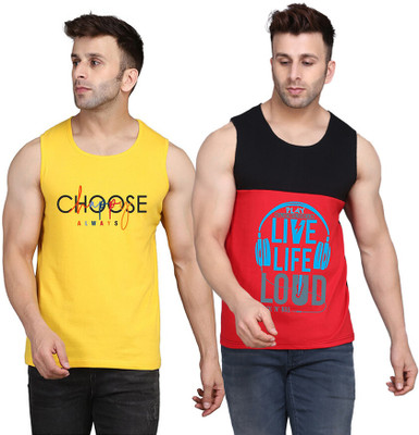 SLOWLORIS Printed, Colorblock Men Round Neck Black, Red, Yellow T-Shirt