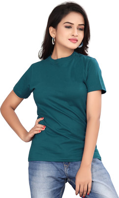 CRYSTON Solid Women Round Neck Dark Green T-Shirt