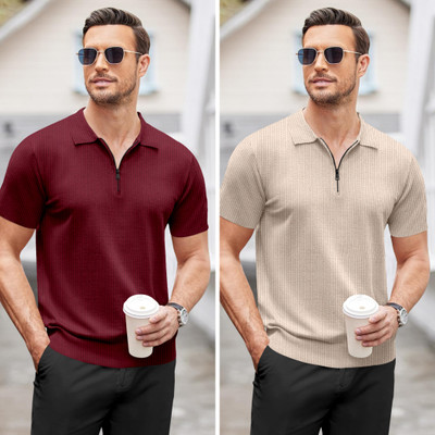 trueoath Solid, Self Design Men Polo Neck Maroon, Beige T-Shirt