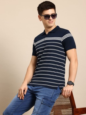 Mast & Harbour Striped Men Polo Neck Blue T-Shirt