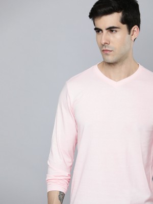 ether Solid Men V Neck Pink T-Shirt