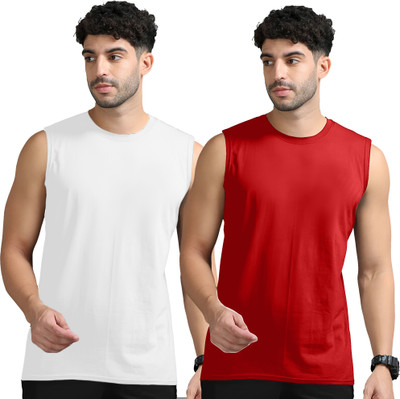 Adorbs Solid Men Round Neck White, Red T-Shirt