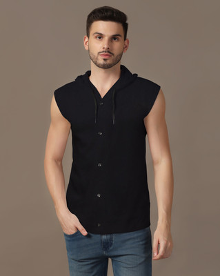 GEUM Solid Men Hooded Neck Black T-Shirt