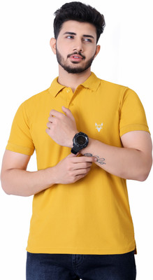 Ellegory Solid Men Polo Neck Yellow T-Shirt