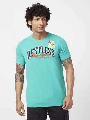 Spykar Typography Men Round Neck Green T-Shirt