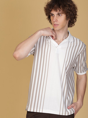 V-MART Striped Men Polo Neck White T-Shirt