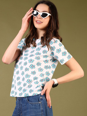 V-MART Printed Women Round Neck Light Blue T-Shirt