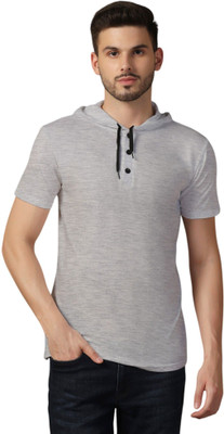 BEYOU FASHION Solid Men Hooded Neck Silver T-Shirt