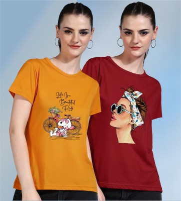 CHOZI Printed Women Round Neck Red, Yellow T-Shirt