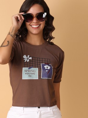 V-MART Printed Women Round Neck Brown T-Shirt