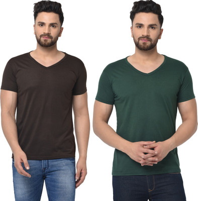 Tresna Fab Solid Men V Neck Dark Green, Brown T-Shirt