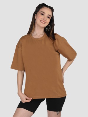 Roadster Solid Women Round Neck Brown T-Shirt