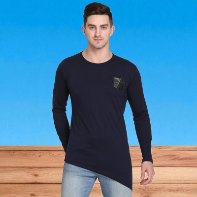 FARICON Embroidered Men Round Neck Dark Blue T-Shirt