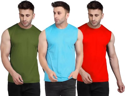 Think Tech Solid Men Round Neck Dark Green, Light Blue, Red T-Shirt