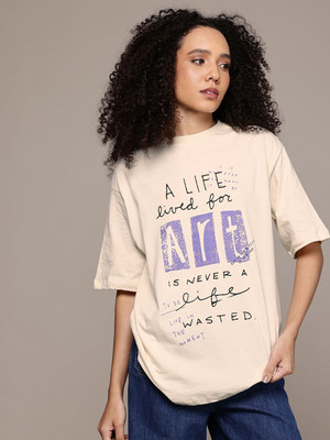 Roadster Printed Women Round Neck White T-Shirt