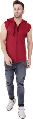 GEUM Solid Men Hooded Neck Maroon T-Shirt