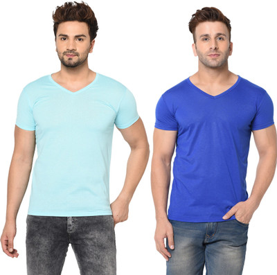 Tresna Trendy Solid Men V Neck Blue, Light Blue T-Shirt
