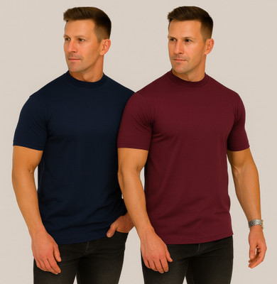 Vivaan Fab Solid Men Round Neck Maroon, Navy Blue T-Shirt
