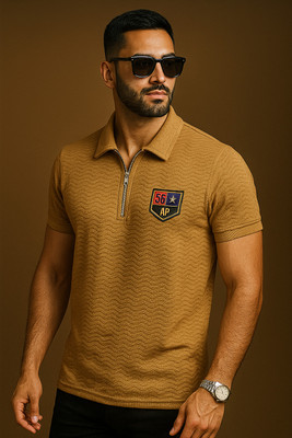 Ajmir Style Hub Self Design Men Polo Neck Brown T-Shirt