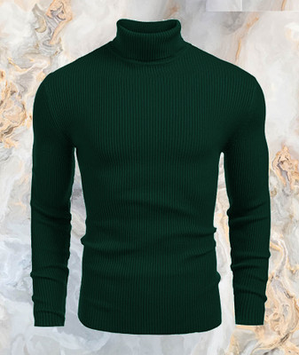 Cat Bunny Self Design High Neck Casual Men Green Sweater