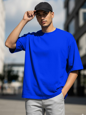 JUST ROAR Solid Men Round Neck Blue T-Shirt