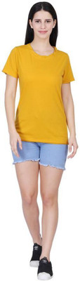 CLOTHINK India Solid Women Round Neck Yellow T-Shirt