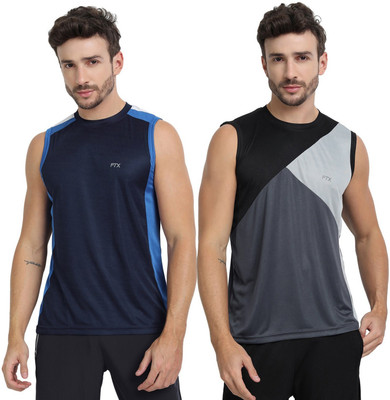 FTX Solid Men Round Neck Dark Blue, Grey T-Shirt
