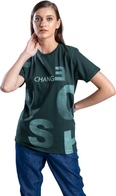 One For Blue Printed Women Round Neck Dark Green T-Shirt