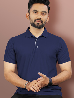 VeBNoR Solid Men Polo Neck Navy Blue T-Shirt