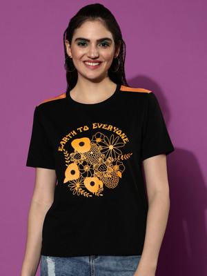 JUNEBERRY Printed, Typography Women Round Neck Black T-Shirt