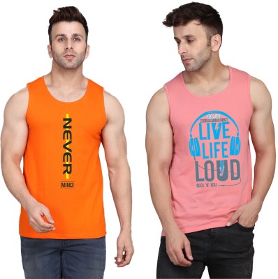 SLOWLORIS Printed Men Scoop Neck Pink, Orange T-Shirt