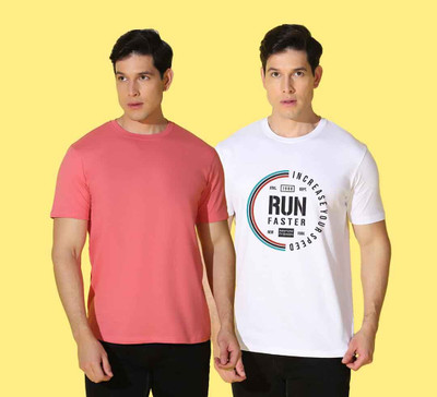 WOOSTRO Solid Men Round Neck Pink, White T-Shirt