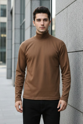 CHKOKKO Solid Men High Neck Brown T-Shirt
