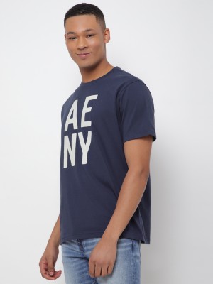 American Eagle Typography Men Round Neck Dark Blue T-Shirt