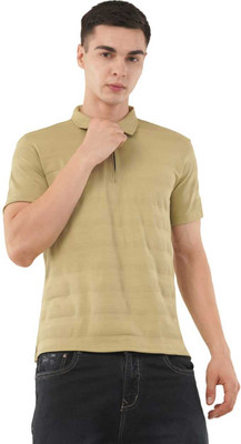 PLEK Self Design Men Zip Neck Beige T-Shirt