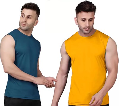 geetaffashion Solid Men Round Neck Yellow, Blue T-Shirt