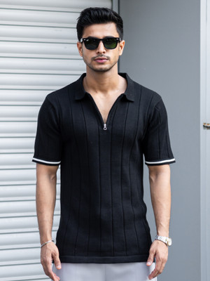 MANIAC Self Design Men Polo Neck Black T-Shirt