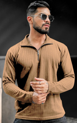 KAJARU Striped Men Zip Neck Brown T-Shirt