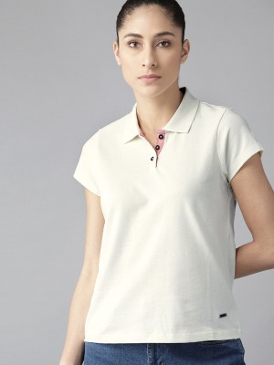 Roadster Solid Women Polo Neck White T-Shirt