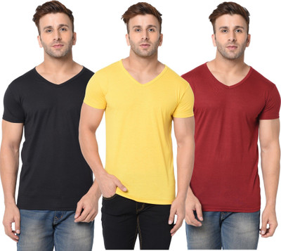 JB Jangoboy Solid Men V Neck Maroon, Black, Yellow T-Shirt