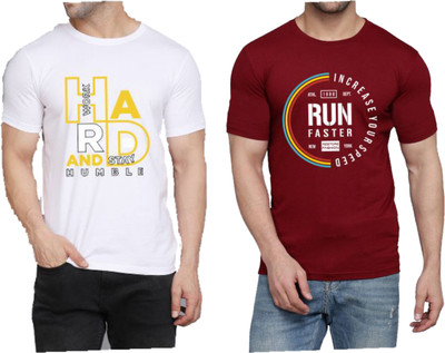 WOOSTRO Printed Men Round Neck White, Maroon T-Shirt